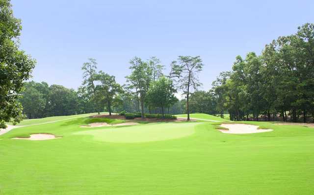 A view of a green flanked by sand traps at Pine Tree Country Club