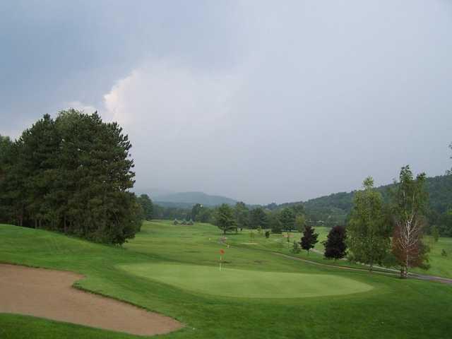 A view of a green with a narrow path on the right side at Newport Golf Club