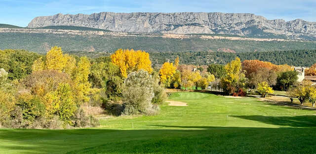 A splendid fall day viee of a green at Chateau l'Arc Golf Club.